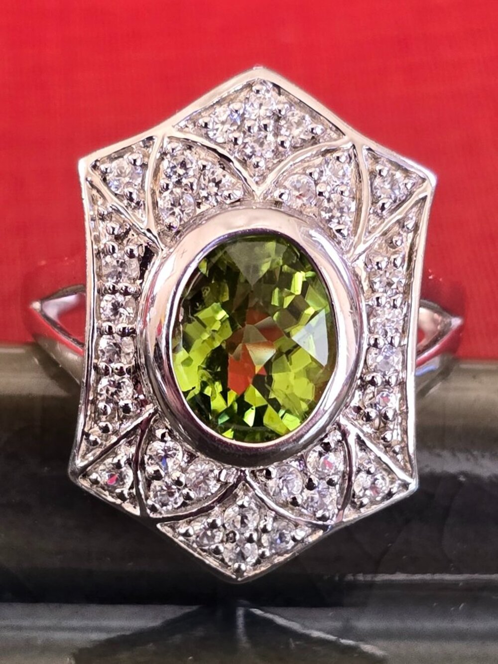 Sterling Silver Peridot & White Zircon Shield Ring | Size 7 | Art Deco Style